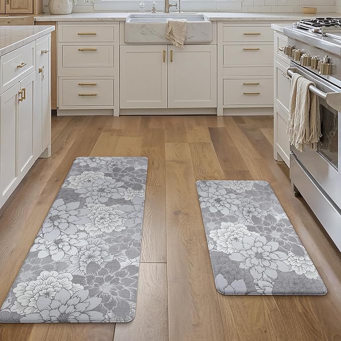 GENIMO Anti Fatigue Kitchen Mats for Floor 2PCS, Cushioned Standing Mats | 17.3"x47"&17.3"x30", Lavender Grey vintage floral rug set, waterproof, non slip, easy-clean for farmhouse