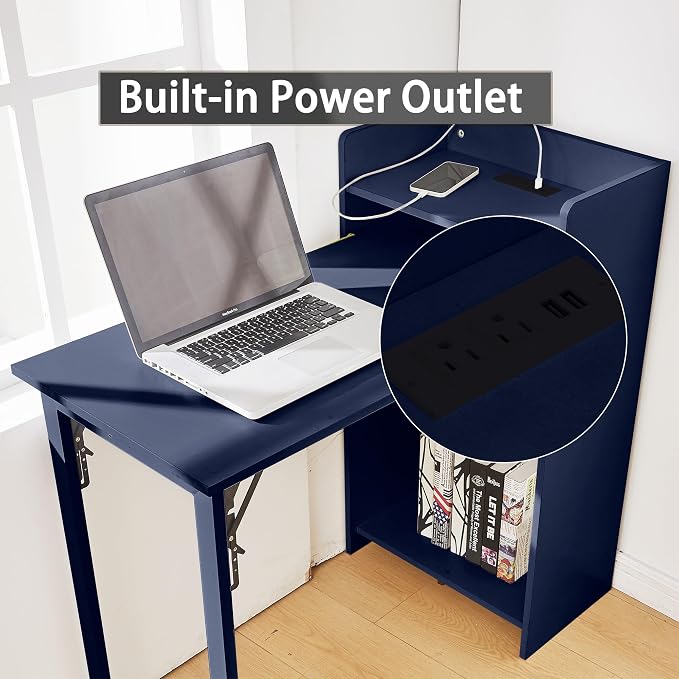 Fold Out Desk,Hidden Desk with Storage and Built-in Socket,Mid Century Foldable Table for Small Spaces,Home Office and Bedroom