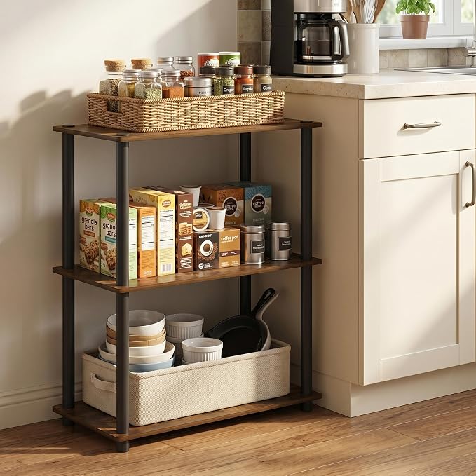 Furinno Turn-N-Tube Storage Shelves, 3-Tier Book Shelf, Corner Shelf, Toolless Open Shelves, for Organization and Storage, Living Room, Garage, Home Office, Amber Pine