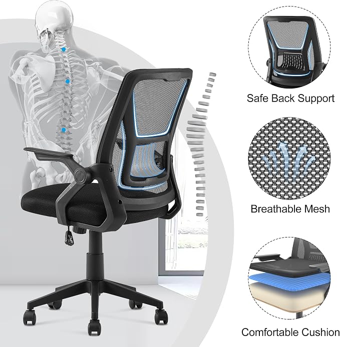 VECELO Mid-Back Swivel Ergonomic Office Chair with Adjustable Arms, Mesh Lumbar Support for Computer Task Work, Black