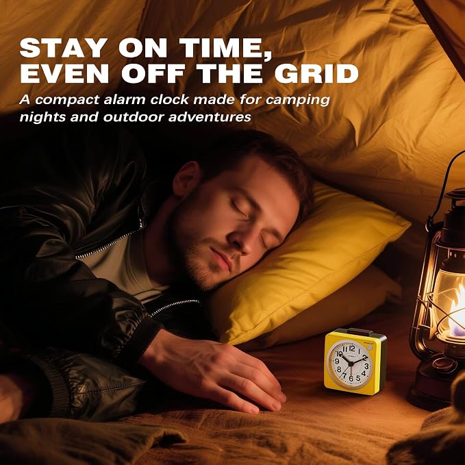 AYRELY® 2.6" × 1.4" Ultra Small Battery Operated Analog Travel Alarm Clock | Silent Non-Ticking Retro Bedside Table Clock with Snooze, Light and Easy Top Alarm Switch for Travel and Bedrooms (Yellow)