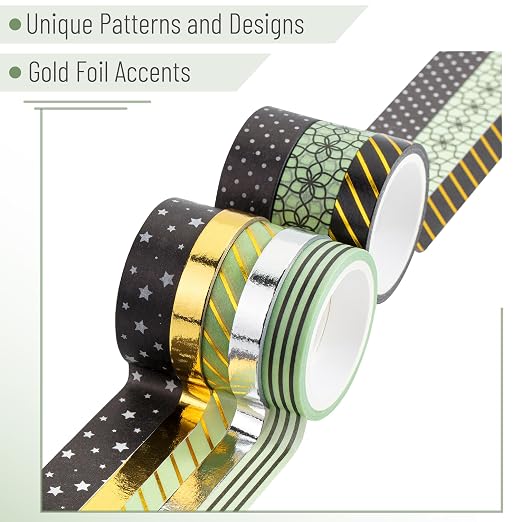 Mr. Pen- Washi Tape Set, 8 Rolls, Assorted Sizes, 5 Yards/Roll | Gold Foil Decorative Tape for Scrapbook, Arts, Crafts, Journals and Planners, Midnight Garden