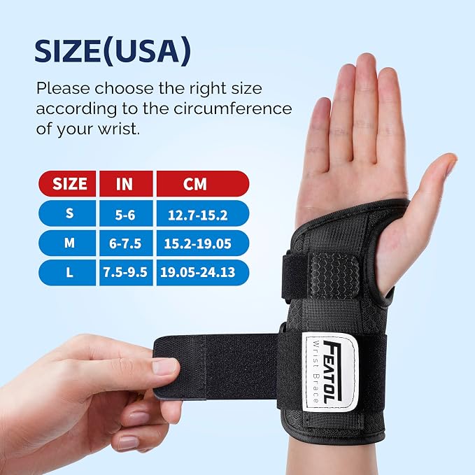 FEATOL 2 Pack Carpal Tunnel Wrist Brace For Work With Wrist Splint, 6.5'' Hand Brace Night Support For Women Men, Pain Relief For Tendonitis, Arthritis, Pregnancy, Typing, Right and Left Hand, Large