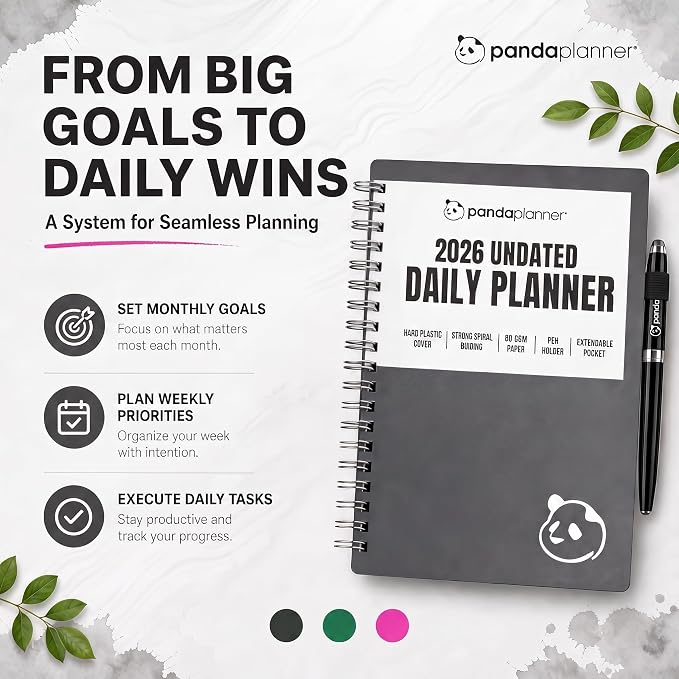 Panda Planner 2026 Undated Daily Planner 5.75" x 8.25", Gray | 90-Day Spiral Academic, Productivity Planner, Hourly Schedule, To-Do List, Monthly Calendar, ADHD-Friendly Panda Journal