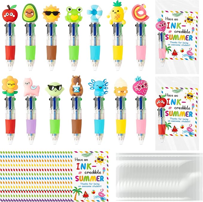 ANGOLIO End of Year Student Gifts Bulk 28 Sets Cute Summer 4 in 1 Multicolor Ballpoint Pens with Gift Cards for Summer Graduation Birthday Party Favors School Classroom Supplies Kids Students Rewards