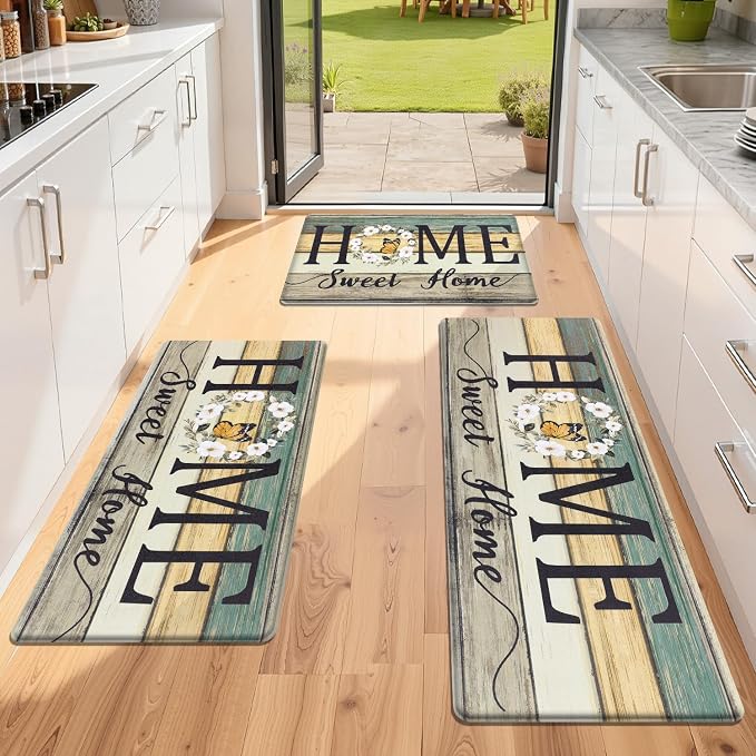 Yamaziot Anti Fatigue Kitchen Rug Set of 3, Non-Slip Cushioned Floor Mats | Waterproof, Stain Resistant, Farmhouse Cushioned Comfort Standing Desk Mat with Runner for Kitchen, Office, Sink, Laundry