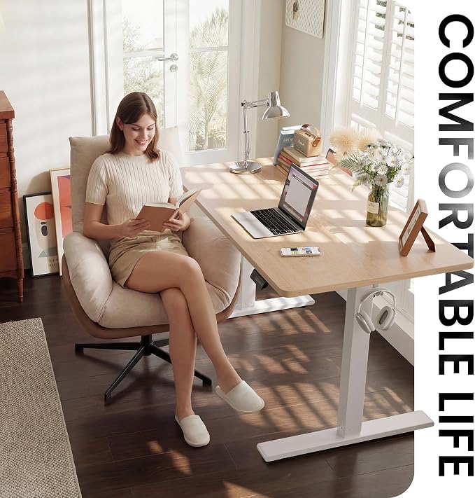 CubiCubi Electric Standing Desk 48 x 24 Inch, Height Adjustable Sit Stand Desk with Memory Presets, Splice Desktop Computer Desk for Home Office, White Frame/Nature Top
