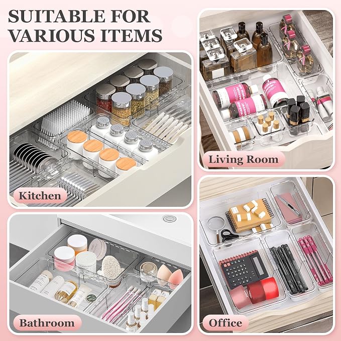 DILIBRA 12 Pcs Clear Extendable Drawer Organizer, Adjustable Drawer Storage | 2-Size Desk Drawer Organizer, Plastic Non-Slip Storage Bins for Makeup Cosmetic Jewelries Utensils Stationery Dressers Tool