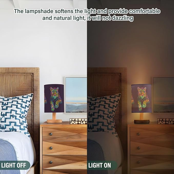 Table Lamp Multicolor Leopard Jaguar Neon Colorful Animal Nightstand Lamp with Wood Base Fabric Lamp Shade Bedside Desk Lamp for Living Room Bedroom Kids Room Office