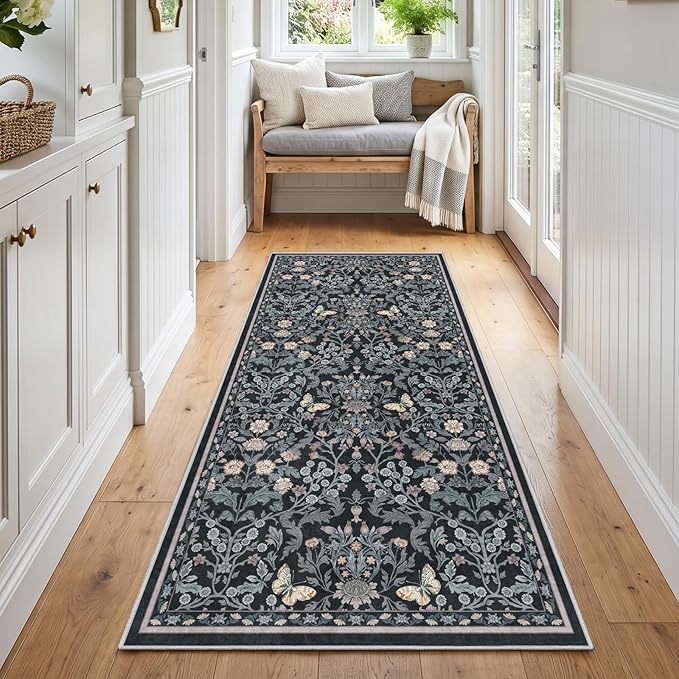 Puino Washable 3x7 Runner Rug: Soft Vintage Floral Non Slip Rubber Backing Floor Mat for Hallway Low Pile Stain Resistant Carpet for Entryway Kitchen Bedroom Bathroom Bedside Home Decor Dark Botanical