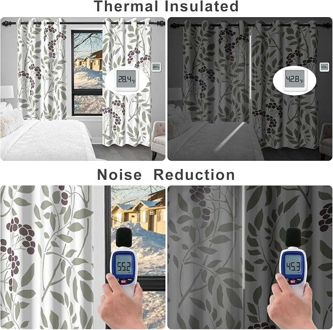 Blackout Curtains for Bedroom and Living Room, Farmhouse Thermal Insulated Room Darkening Drapes Soundproof Privacy Bedroom Curtains 2 Panel Sets, Leaves Print Black Out Curtains 84 Inch Long