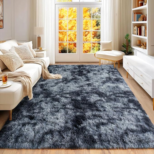 5x7 Area Rug for Living Room Bedroom, Ultra Fluffy Fuzzy Shag Area Rugs for Living Room, Anti-Skid Indoor High Pile Soft Rug Carpet for Bedroom Kids Room Nursery, Dorm Home Decor, Tie-Dyed Blue Grey