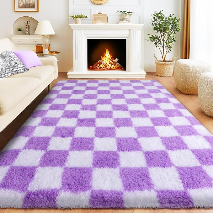 Area Rugs for Living Room 6x9, Ultra Fluffy Checkered Rug Fuzzy Shag Shaggy Carpets for Bedroom, Modern Non-Slip Indoor Soft Plush Furry Rug for Boy Girls Room Dorm Home Decor, White and Purple