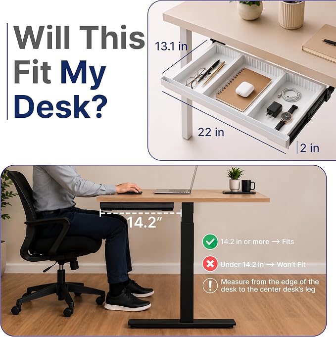 Under Desk Drawer, Adjustable Dividers, Impact-Resistant, 22" – White | Silent steel rails, 100% extension. Protective mat included, easy 4-screw install. Fits most desks, 22"×13"×2".