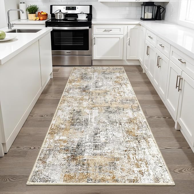 3x6 Washable Non-Slip Kitchen Runner Rug – Modern Abstract Wide Carpet Runner with Rubber Backing for Entryway, Hallway, Bathroom Low Pile Thin (Gold Grey)