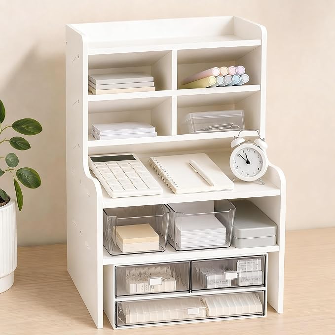 6-Tier Desktop Organizer Shelf, Small White Desk Storage Rack with Drawers, Multi-Layer Office Desk Organizer for Books, Stationery, Makeup, Study Room, Dorm, Home Office