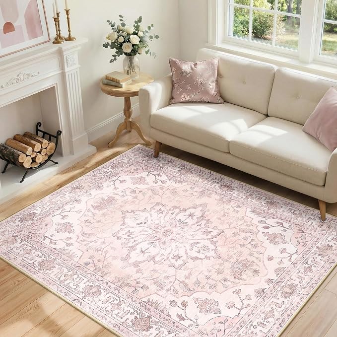 RELEANY Area Rugs 4'x6' Washable Non-Slip, Floral Vintage Distress Medallion Carpet for Living Room Bedroom Dining Room, Pink Greypink Cute