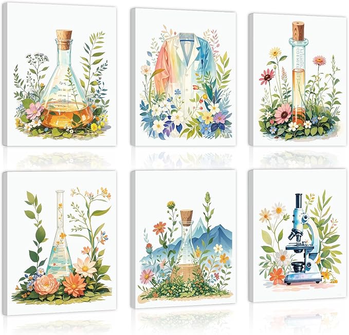 CHDITB Botanical Science Canvas Wall Art, Watercolor Floral Laboratory Prints, Chemistry Wall Decor, Boho Wildflower Lab Poster, Nature Aesthetic Artwork For Classroom School Office Decor 12"X16"X6