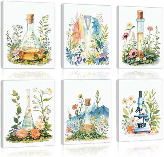 CHDITB Botanical Science Canvas Wall Art, Watercolor Floral Laboratory Prints, Chemistry Wall Decor, Boho Wildflower Lab Poster, Nature Aesthetic Artwork For Classroom School Office Decor 12"X16"X6
