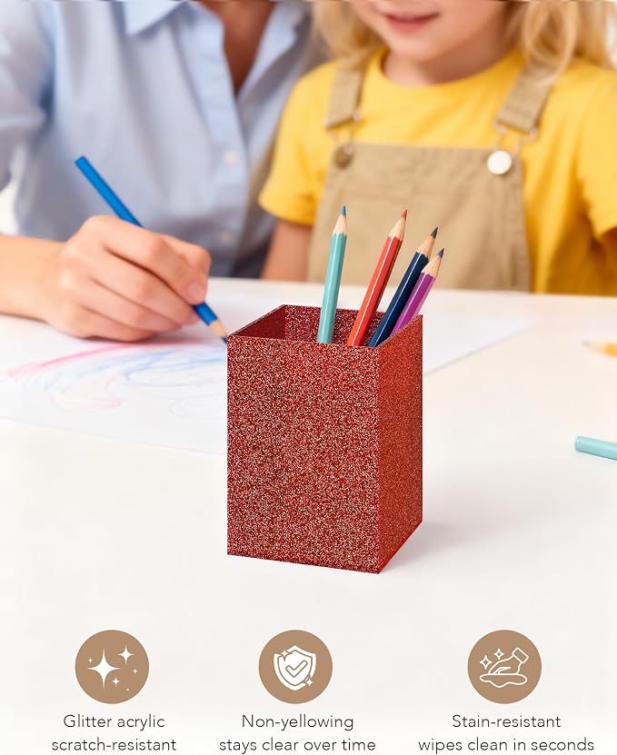 Acrylic Pen Holder Desk Organizer for Office, Red Glitter | Sparkling glitter acrylic makeup brush and pencil holder for desk, Modern desktop organizer for home, school and office