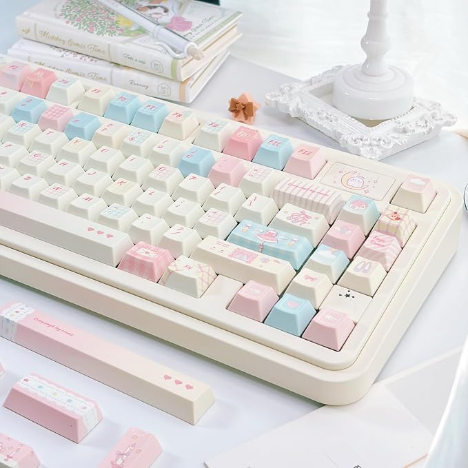 Blue Pink Gingham Keycaps 143 Keys, PBT Keycap Set Cherry Profile, Cute Custom Keycap, Dye-Sublimation Key Caps for Cherry MX Switches Mechanical Gaming Keyboard 60% 75% 100%