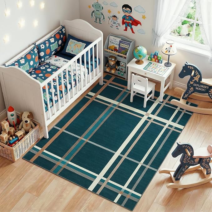 Terrug Plaid Area Rug for Bedroom, Blue 4x6 Checkered Rugs Washable with Non Slip for Living Room, Soft Low Pile Stain Resistance Abstract Carpet for Kids Room