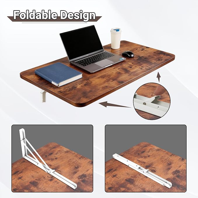 Neoaider Wall Mounted Folding Table 39.4”L x 19.7”W, Laundry Folding Table with Heavy Duty Metal Collapsible Shelf Brackets, Wall Mounted Desk Fold Down for Small Spaces, Brown