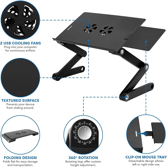 Mount-It! Adjustable Laptop Stand & Lap Desk with USB Cooling Fans, Large Aluminum Laptop Tray with Mouse Pad, Portable Sit-Stand Laptop Desk for Bed, Couch & Table