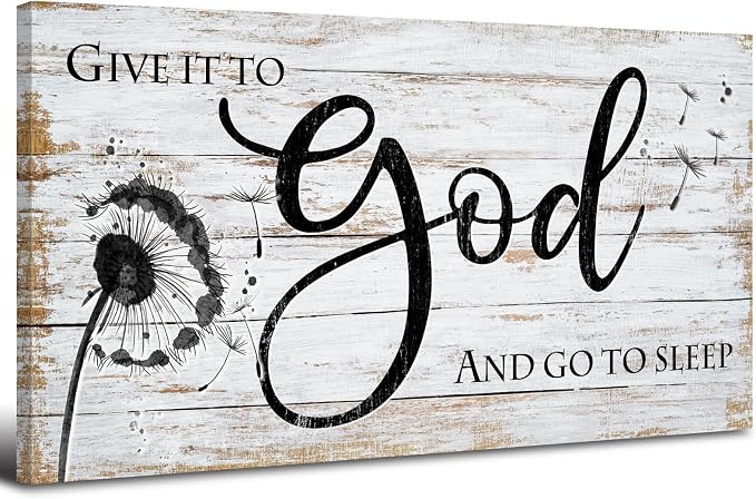 Give it to god and go to sleep Sign Wall Art Christian Bible Verses Wall Decor for Master Bedroom Dandelion Picture Canvas Rustic Religious Poster Painting Retro Quotes Artwork Home Decoration 24x48”