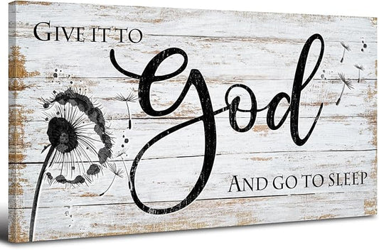 AIYISU Christian Bible Verses Wall Art Rustic Wall Decor for Bedroom Living Room Dandelion Pictures Give It To God and Go To Sleep Sign Canvas Painting Religious Poster Artwork Home Decorations 20x40