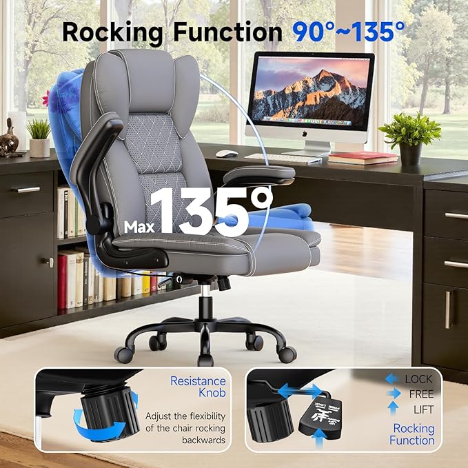 naspaluro Ergonomic Office Chair, Executive PU Leather Chair, Computer Desk Chair with Adjustable Lumbar Support Flip-up Arms, Executive Task Chair, Office Chairs for Home Office, Big and Tall, Gray