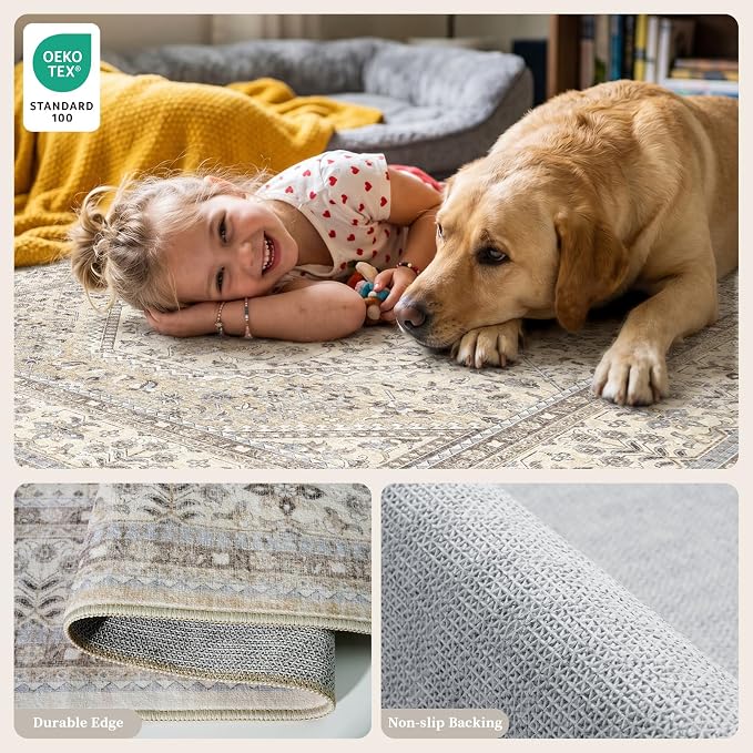 3x7 Runner Rug for Hallway Washable: Non Slip Kitchen Rugs with Rubber Backing Soft Waterproof Wide Mats Stain Resistant Low Pile Carpet for Entryway Bedroom Bathroom Laundry Home Decor Beige/Gray