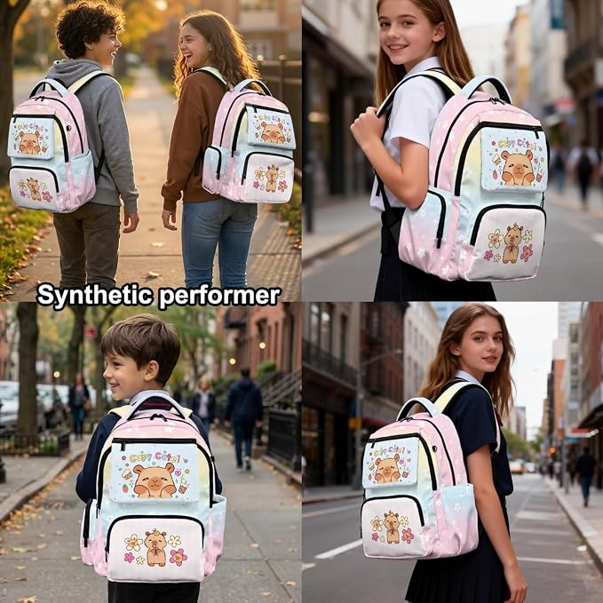 WELLFLYHOM Capybara Milk Tea Backpack for School Kids Girls 7-8 4PCS Book Bag with Lunch Bag Pencil Case Waterbottle Sleeve Back to School Supplies