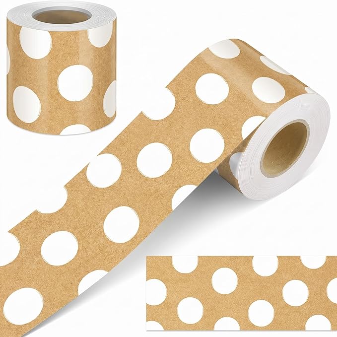 Zonon 65.6 Ft Kraft Bulletin Board Border White Polka Dots Themed Classroom Decor Straight Border Trim for Office Whiteboard Walls Desks Windows Doors Lockers