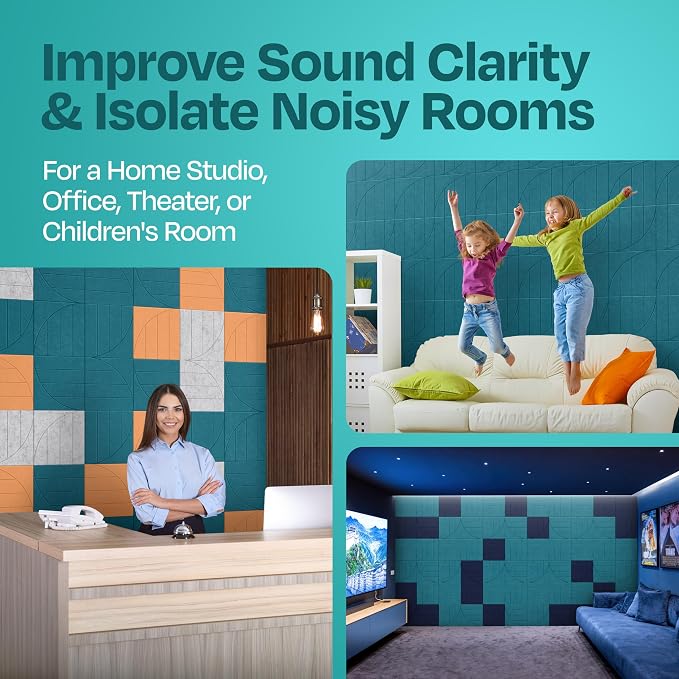 Acoustic Panels 12-Pack Soundproof Wall Panels 12"x12"x0.4" Decorative Sound Dampening for Your Home, Office, Studio, Bedroom & More with Unique ModuArc Carving [Light Turquoise]