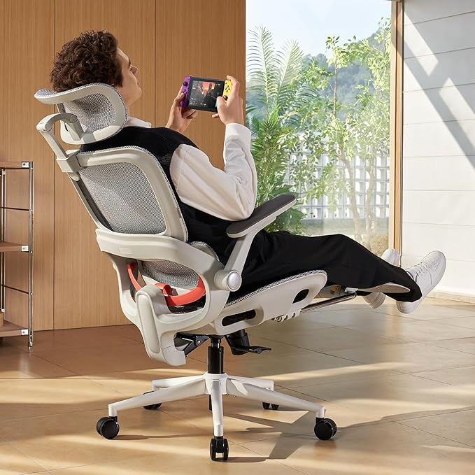 SIHOO B100 PRO Ergonomic Office Chair with Footrest, Mesh Office Chair with Adaptive Lumbar Support, Computer Chair with Wide Headrest, Desk Chair with 360° Rotatable Flip-Up Armrests, Light Grey