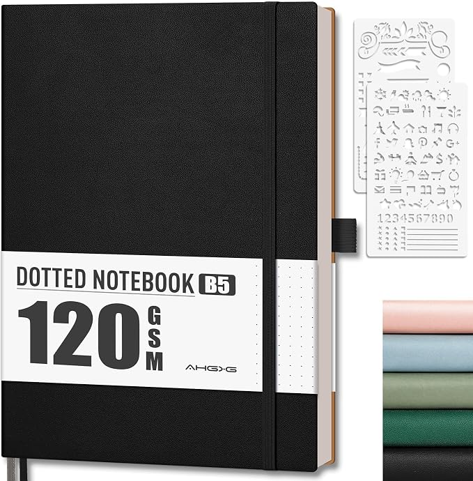 AHGXG Dotted Journal - Dot Grid Notebook Journal, 120 GSM Thick Acid-Free Paper, Large B5 Dotted Notebook 96 Pages, Leather Softcover, Inner Pocket, Journal Stencil, 7.6'' X 10'', Black