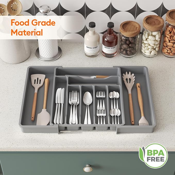 Lifewit Utensil Organizer for Kitchen Drawer, Expandable Cooking Silverware Tray, Adjustable Cutlery Flatware Holder, Plastic Spatula Tools Storage Divider, 13-22.4 x 15", Gray