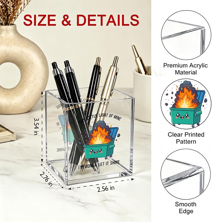Funny Dumpster Fire Office Acrylic Cosmetic Pen Pencil Holder Cup, This Little Light Of Mine Humor Pencil Organizer, Unique Desk Accessories, Inspirational Gifts for Women Men Coworker（A38）