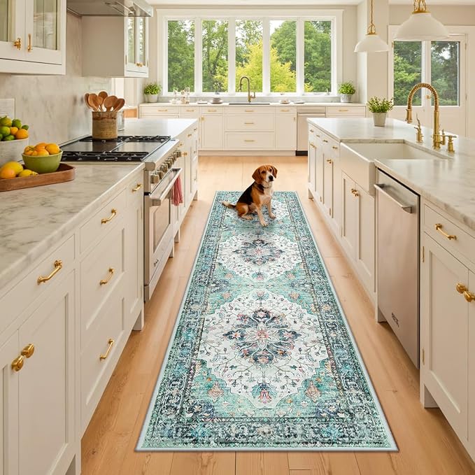 RELEANY Area Rugs Runner 2'6"x8' Washable Non-Slip, Floral Vintage Distress Medallion Carpet for Kitchen Hallway Bedroom Beside Laundry Room Bathroom, Green Navy Blue White Red Teal
