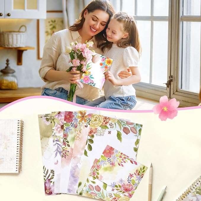 50 Pcs Stationery Paper Envelopes Set Includes 24 Writing Paper & 24 Envelopes with 24 Round Stickers, Cute Flower Floral Letter Writing and Stationery Paper Envelopes for Girls Invitations(6Style)