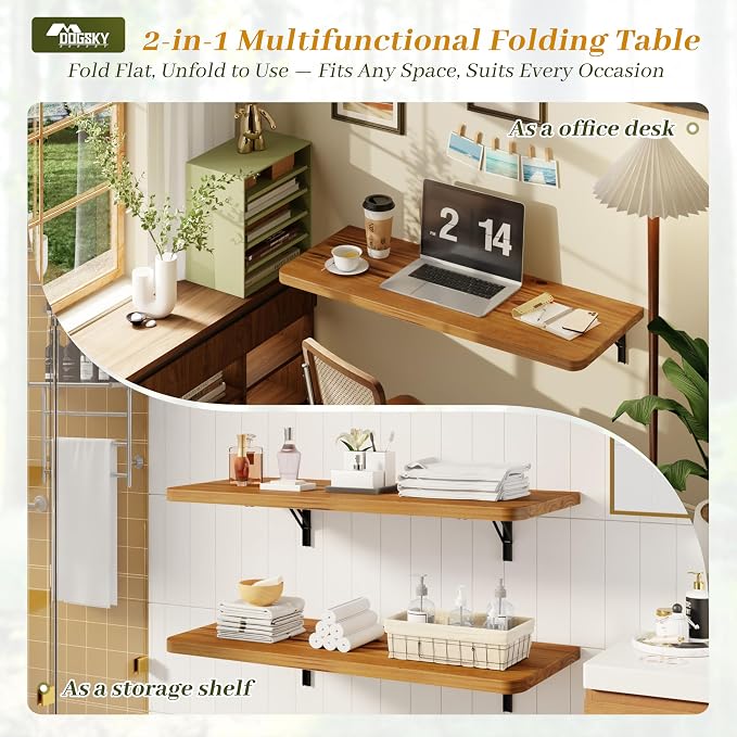 Dogsky Floating Wall Desk, 36" x 14" Wall Mounted Folding Table, Pine Wood Fold Down Wall Table, 200 lb Capacity Wall Mount Desk for Small Apartment,Laundry Room,Kitchen,Bar & Computer, Burning Yellow