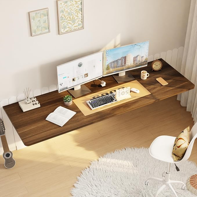 IAE Wall Mounted Floating Foldable Desk 60" x 22" Folding Computer Workstation Table with Engineered Wood and Metal Shelf Brackets,Fold&Floating Design for Home Office, Apartment,Laundry Room,Walnut