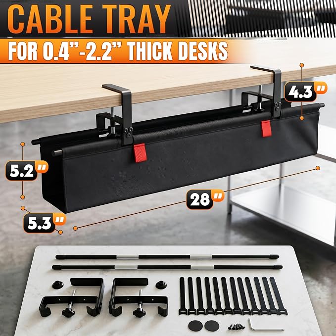Under Desk Cable Management Tray 28" — No Drill Clamp-On Cord Organizer for Desk with Built-in Ties, Heavy Duty Metal Clamp, Foldable 600D Oxford Fabric for Home Office, WFH & Gaming PC Setup (Black)