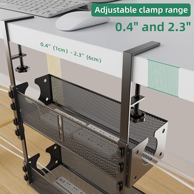Multi-Model Under Desk Cable Management Tray 2 Packs Metal Under Desk Wire Management Clamp Mount Under Table Cord Management No Damage The Desk (Black)
