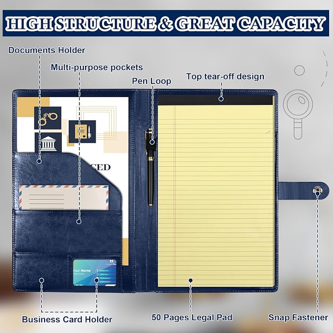 SHIQIKEJIPTY 3Pack Legal Size Portfolio Padfolio PU Leather with 8.5 x 14 inch Tearable Legal Pad Holder 150 Sheets Leather Portfolio Folder Binder for Interview Attorneys Business Blue