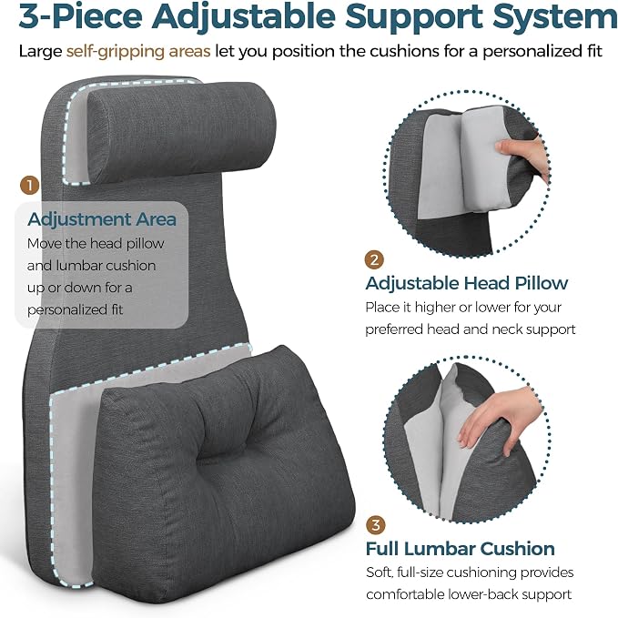Shinnwa Adjustable Lumbar Support Pillow for Recliner with Headrest | Self-gripping fabric,Shredded memory foam filling,Back Support Pillow with Headrest, Lower Back Pillow for Chair and Couch