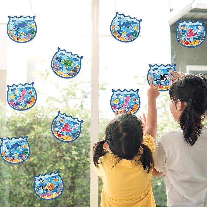 42PCS Summer Activities Crafts Bulk: Sea Animal Ocean Scene Paper Suncatchers, Under the Sea Party Fish Stickers DIY Kit School Classroom Decorations, Window Stained Glass Effect Art Supplies