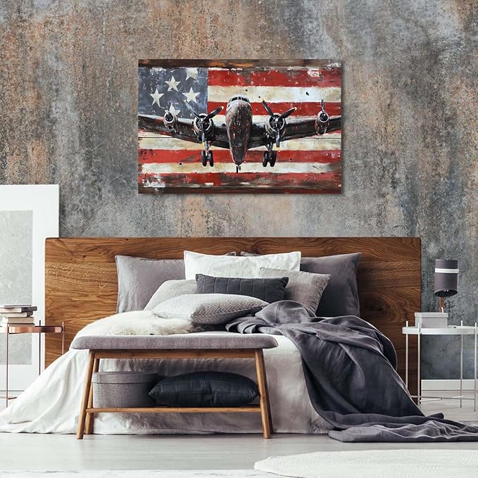 Vintage American Flag Airplane Wall Art Old Engine Aircraft Pictures for Living Room Retro Propeller Wall Decor Poster Aviation Canvas Prints Modern Artwork Bedroom Office Home Decorations 32x48"