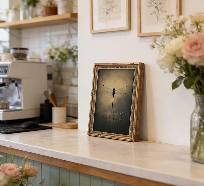 Vintage Gold Framed Wall Art Retro Dark Dragonfly Painting Canvas Prints Gothic Insect Picture Wall Decor Rustic Farmhouse Animal Poster Artwork for Living Room Bedroom Bathroom, 16x24in